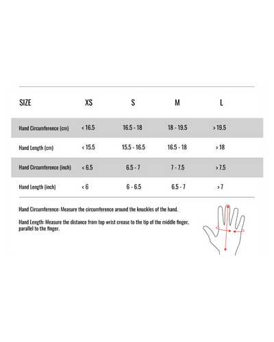 Women's glove size chart for XS to L with hand circumference and length measurements in centimetres and inches